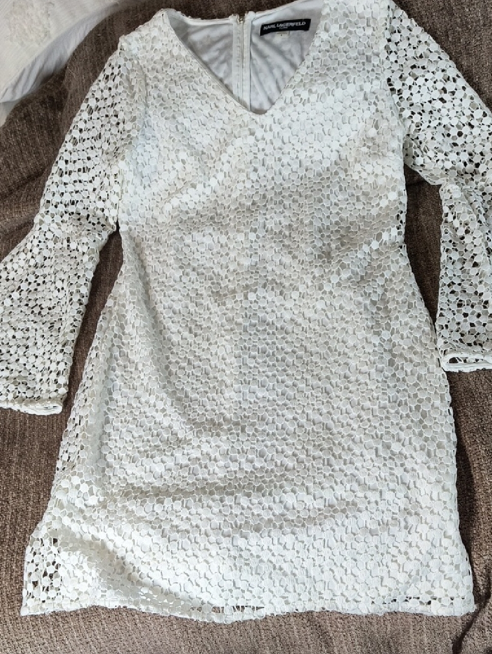 Karl Lagerfeld White Lace Long Sleeve V-Neck Dress
